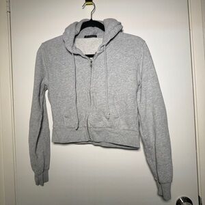 Brandy Melville Women's Light Gray Cropped Zip Hoodie Small